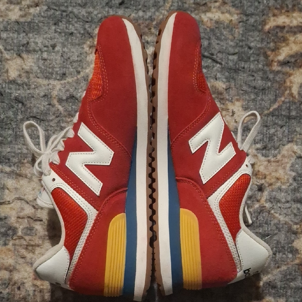 New Balance Classic 574 Red Sneakers with Yellow and Blue Accents Mens 9